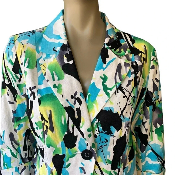Cato Linen Blend 3/4 Sleeve Buttoned Blazer Fitted Jacket Size 14P Watercolor - Picture 3 of 16